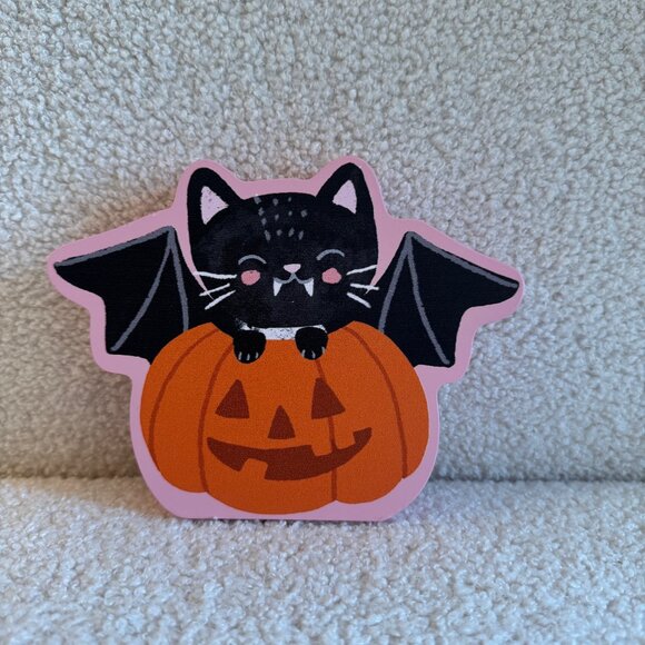 NWT! Cat w Bat Wings and Pumpkin Wood Block Sign - Picture 1 of 3